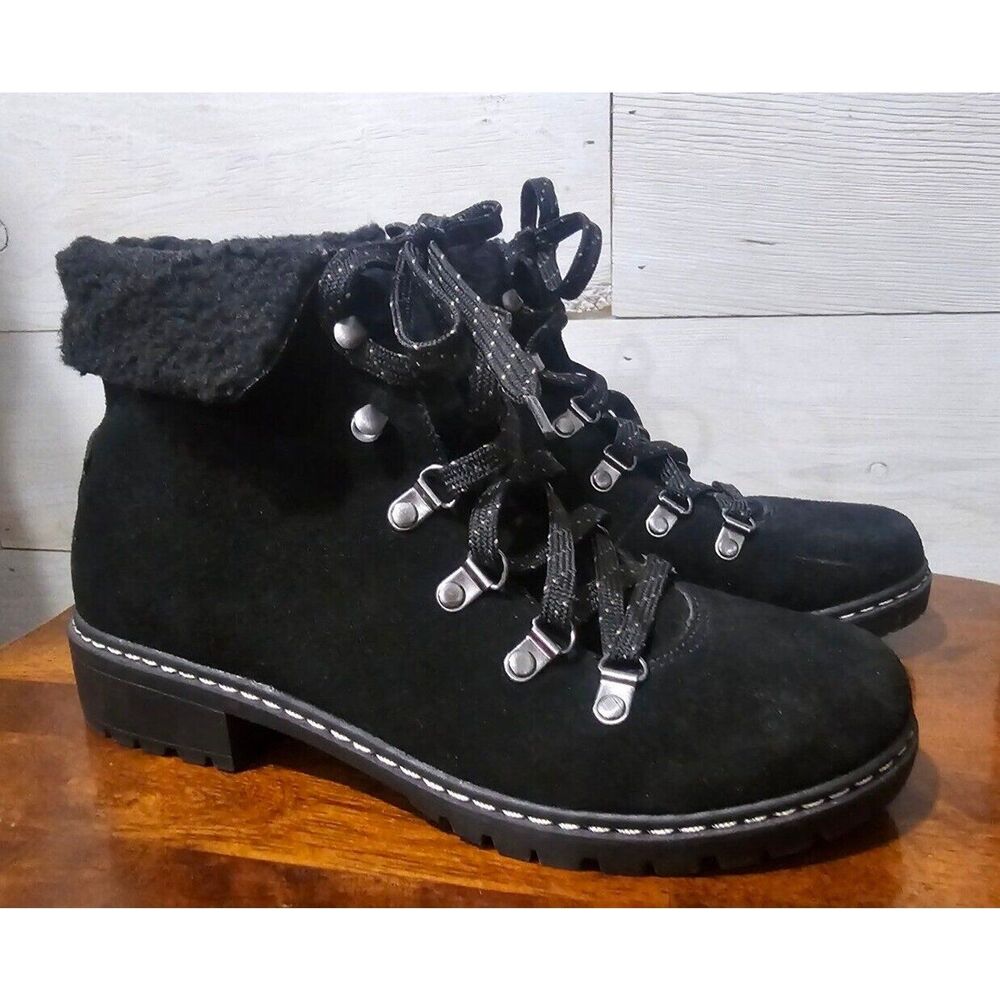 G.H. Bass Boots Aubrey Women 7.5 M Leather Suede Winter Hiker Lace-Up Black